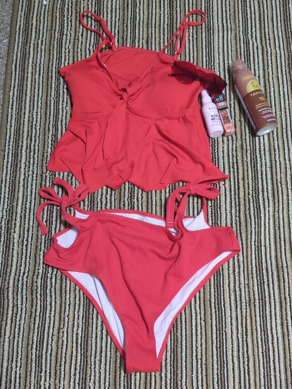 #0156 Red Two-Piece Ribbed Swim Set - Tankini Top & High Waist Bottoms